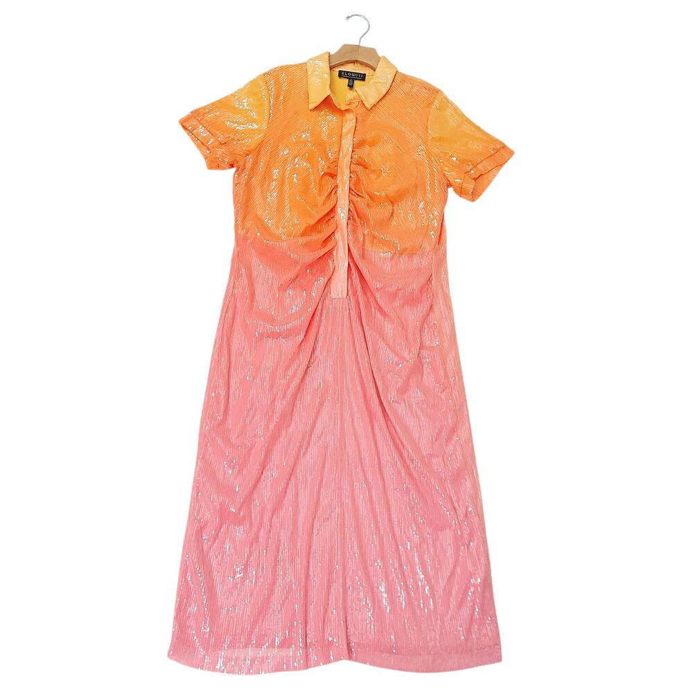 Eloquii Womens 16 Orange Pink Ombre Sequin Midi Shift Dress Glam Party Cocktail